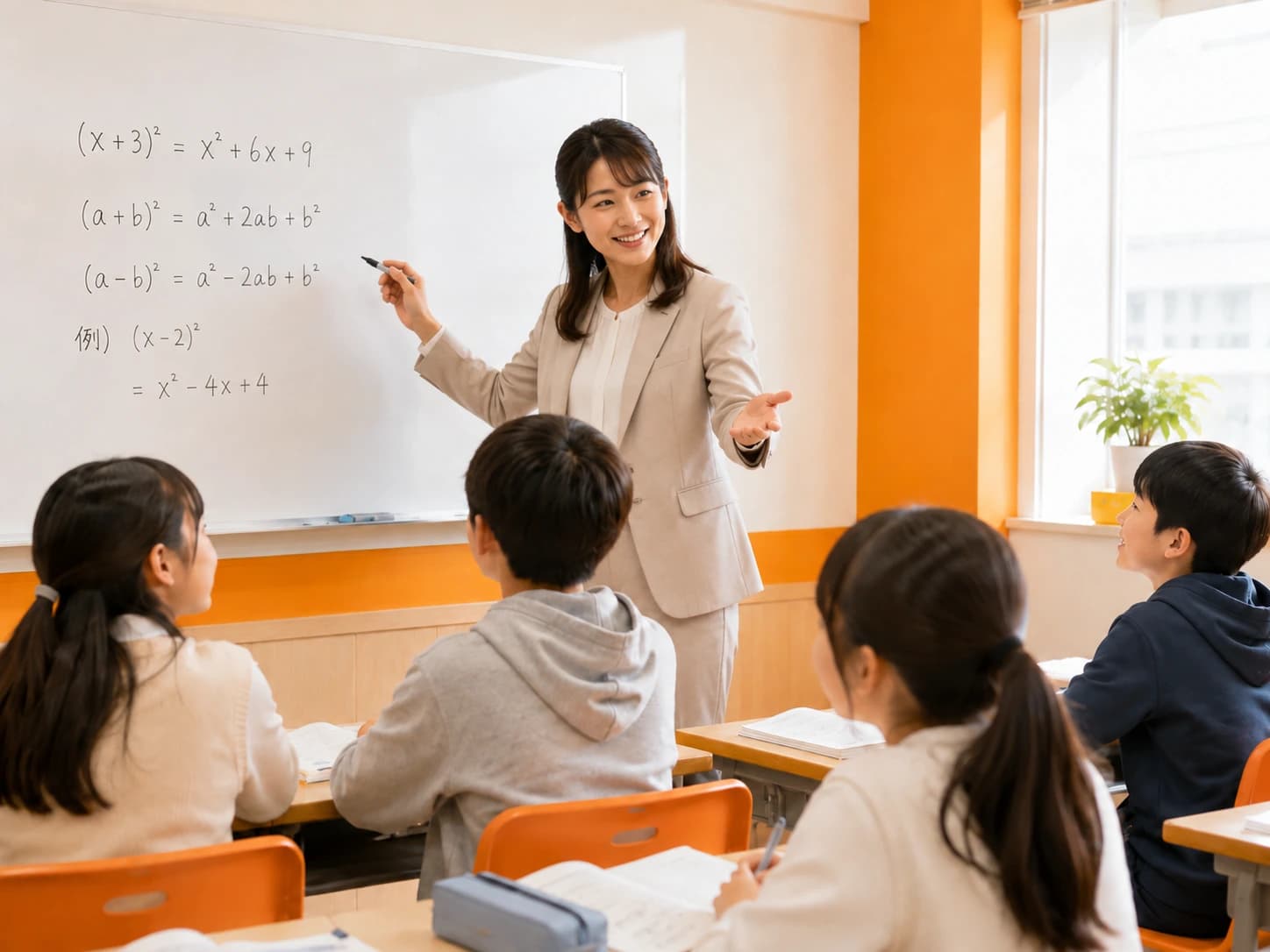 笑顔で展開の公式を解説する講師と、引き込まれる生徒たち